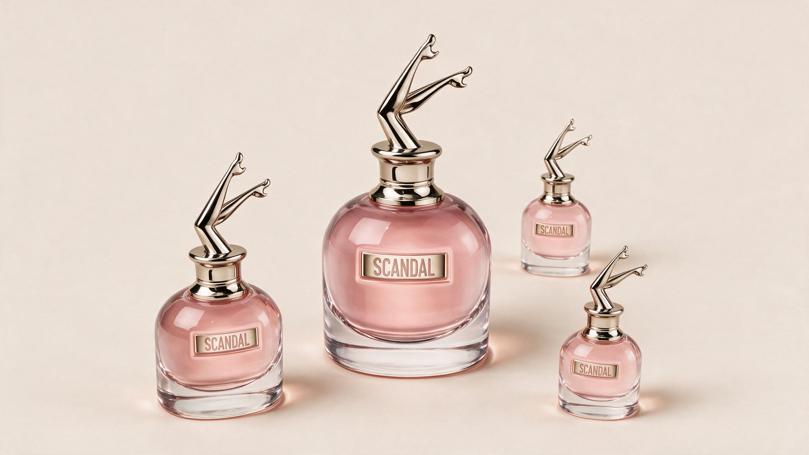 Flat lay of several perfume bottles of different sizes arranged on a light beige background with soft shadows, minimal p