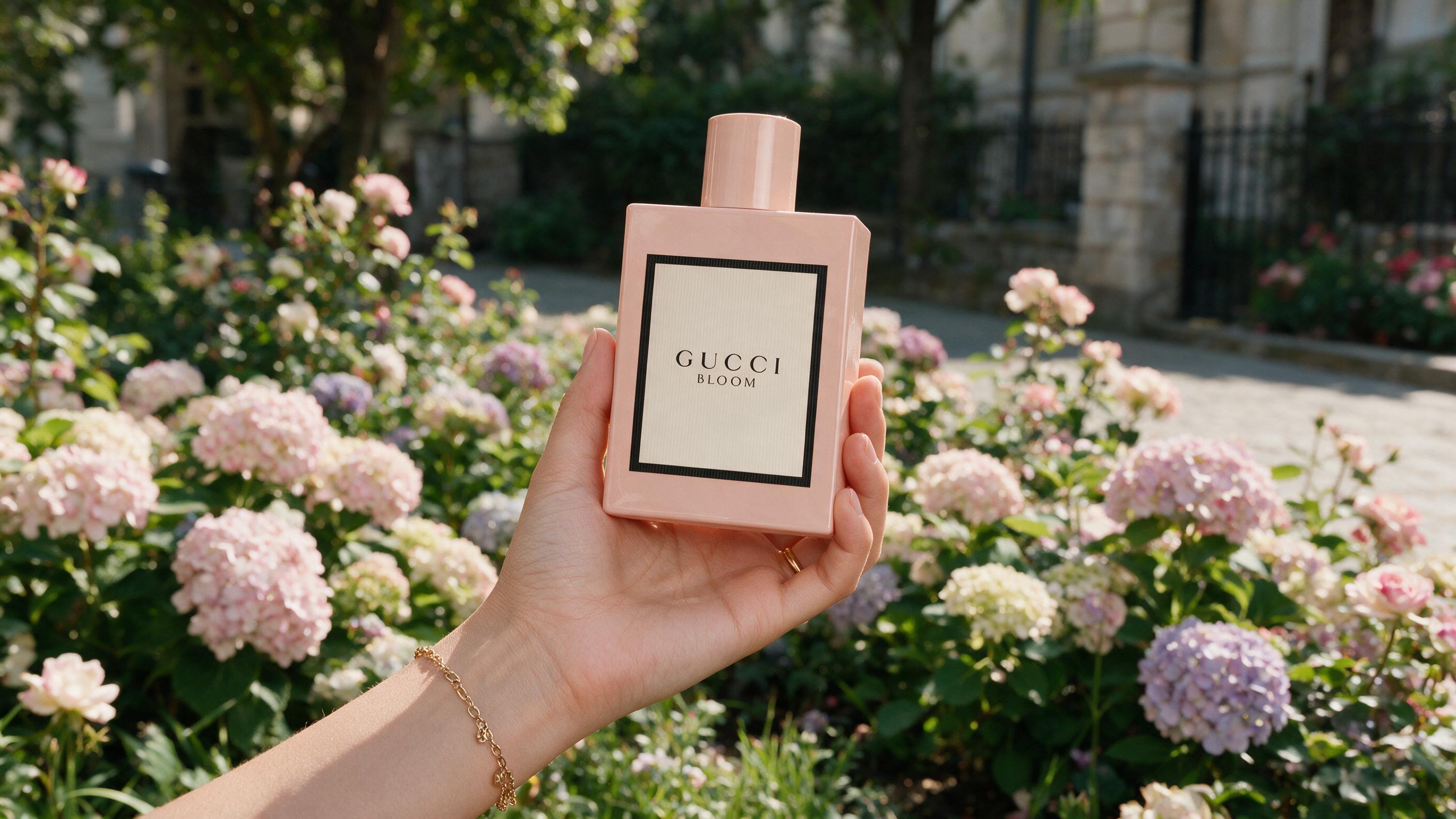 Person's wrist with a spray perfume bottle, natural daylight, soft focus lifestyle photography, no text