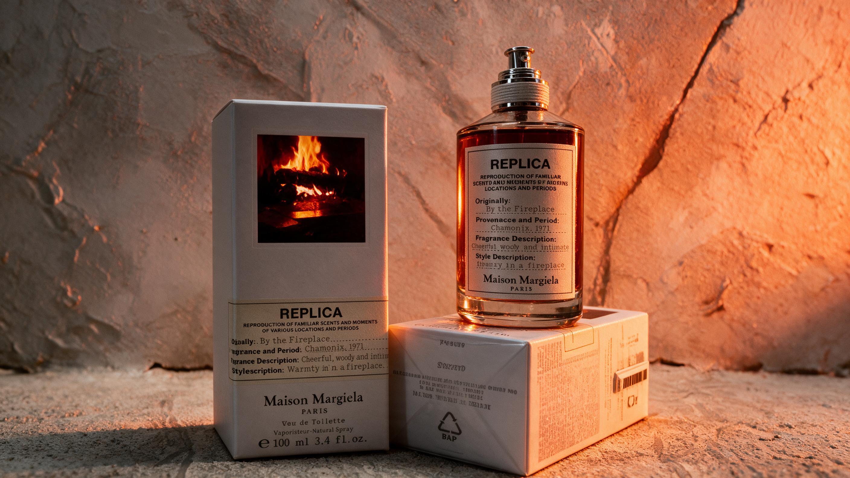 A close-up product photography of a dark amber perfume bottle with warm orange and red flame-like lighting, luxury orien