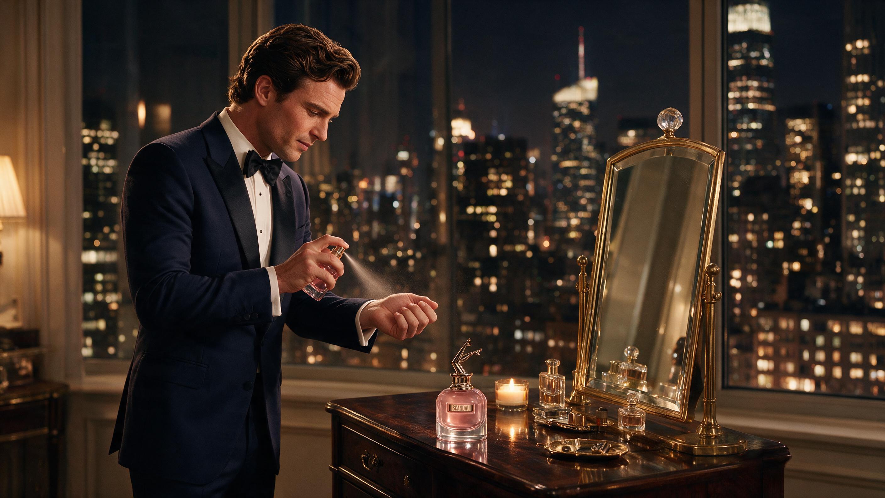 A stylish man in a dark evening outfit applying perfume to his wrist before going out at night, warm cinematic lighting,