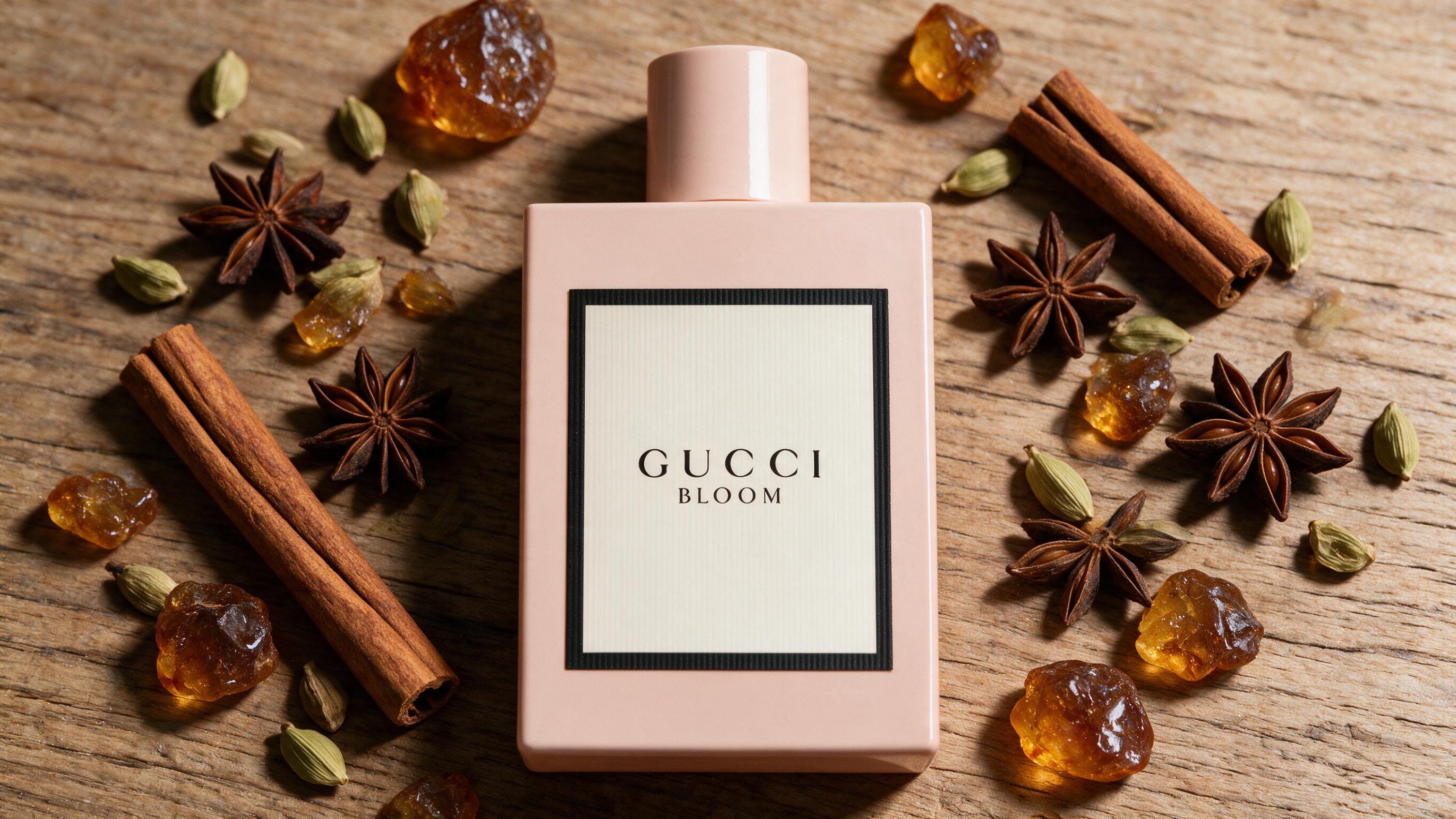 An elegant flat lay of a perfume bottle surrounded by spices like cinnamon sticks, star anise, cardamom pods and amber r