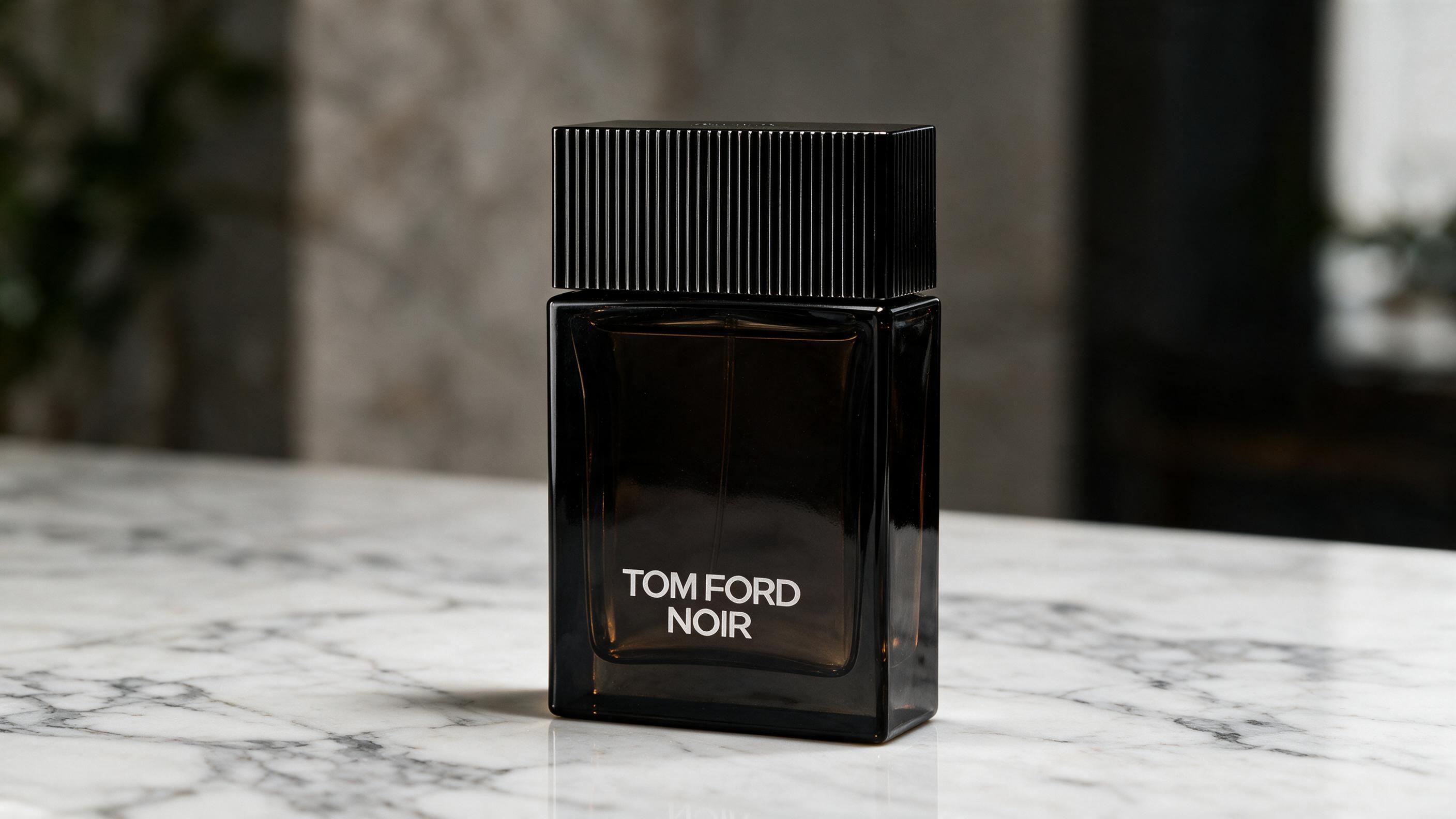 Elegant Tom Ford men's cologne bottles arranged on a marble surface with soft studio lighting, no text
