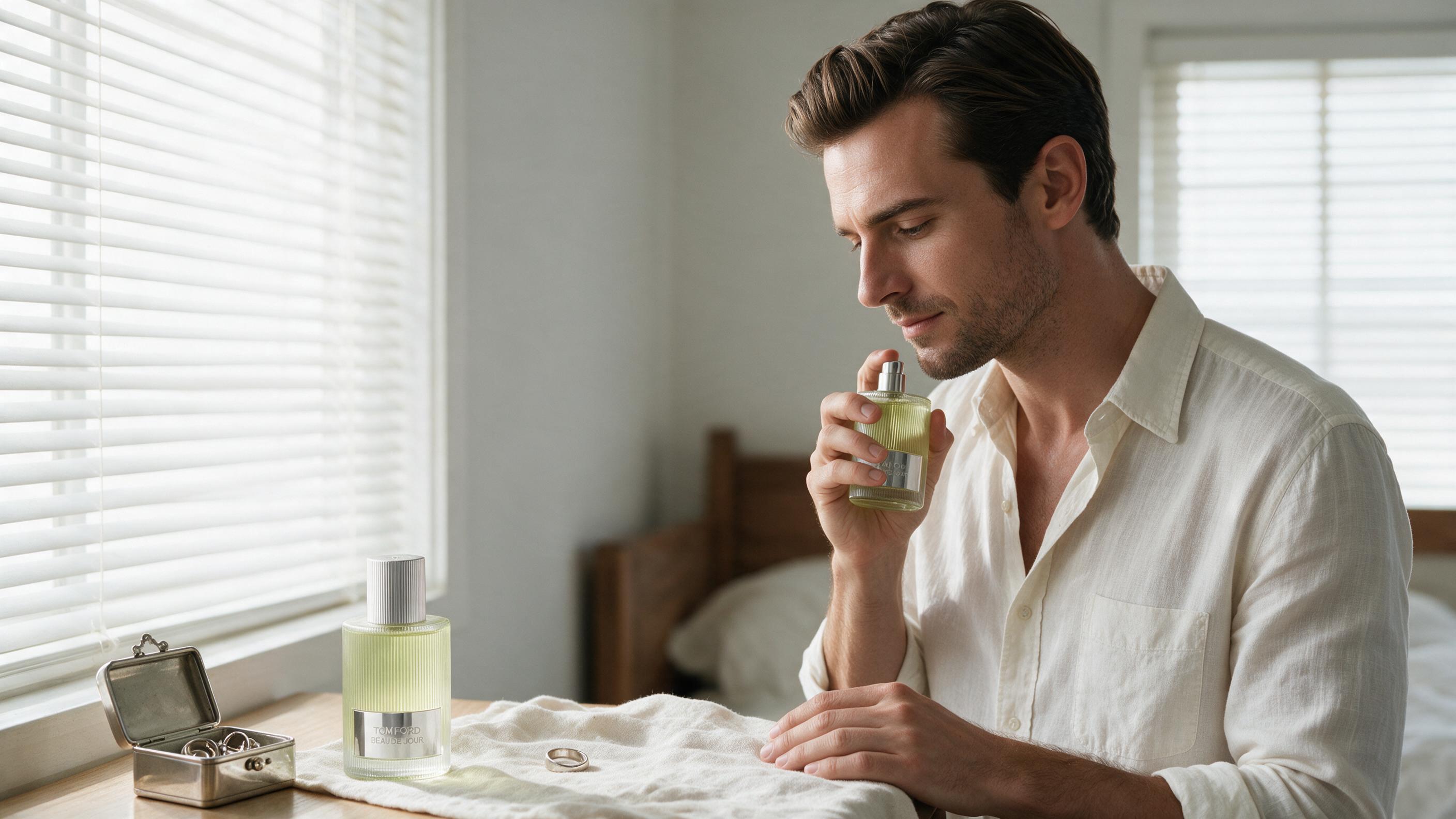 Close-up lifestyle photo of a stylish man applying cologne to his neck in soft morning light, no text