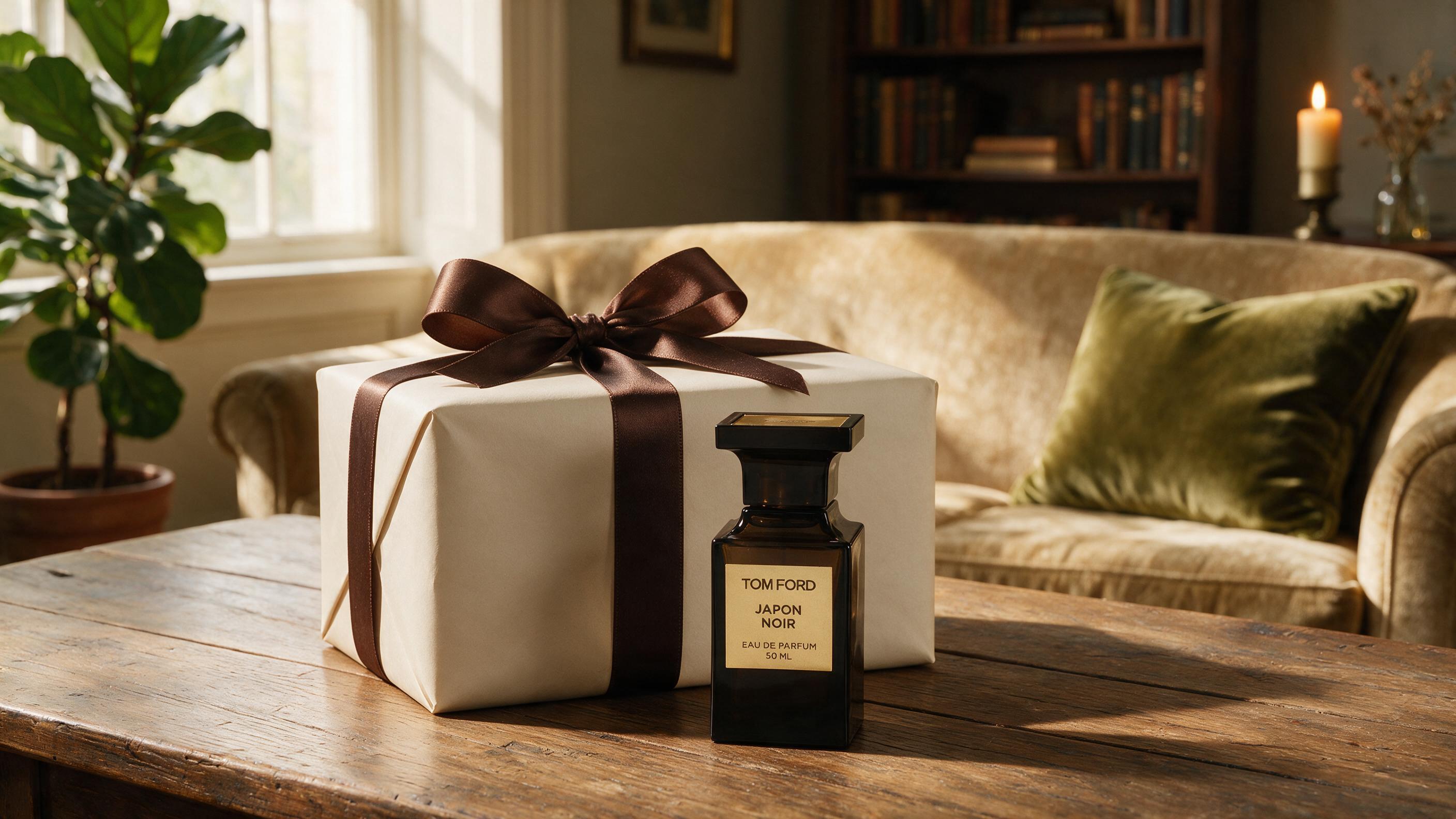Elegant gift-wrapped perfume box with a ribbon on a wooden table, warm ambient lighting, no text