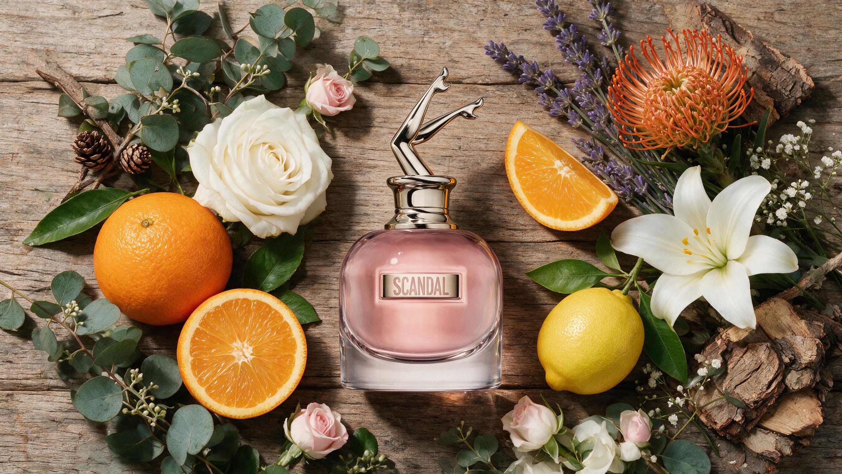 Elegant flat lay of perfume bottles surrounded by flowers, citrus fruits, and wood pieces representing different fragran