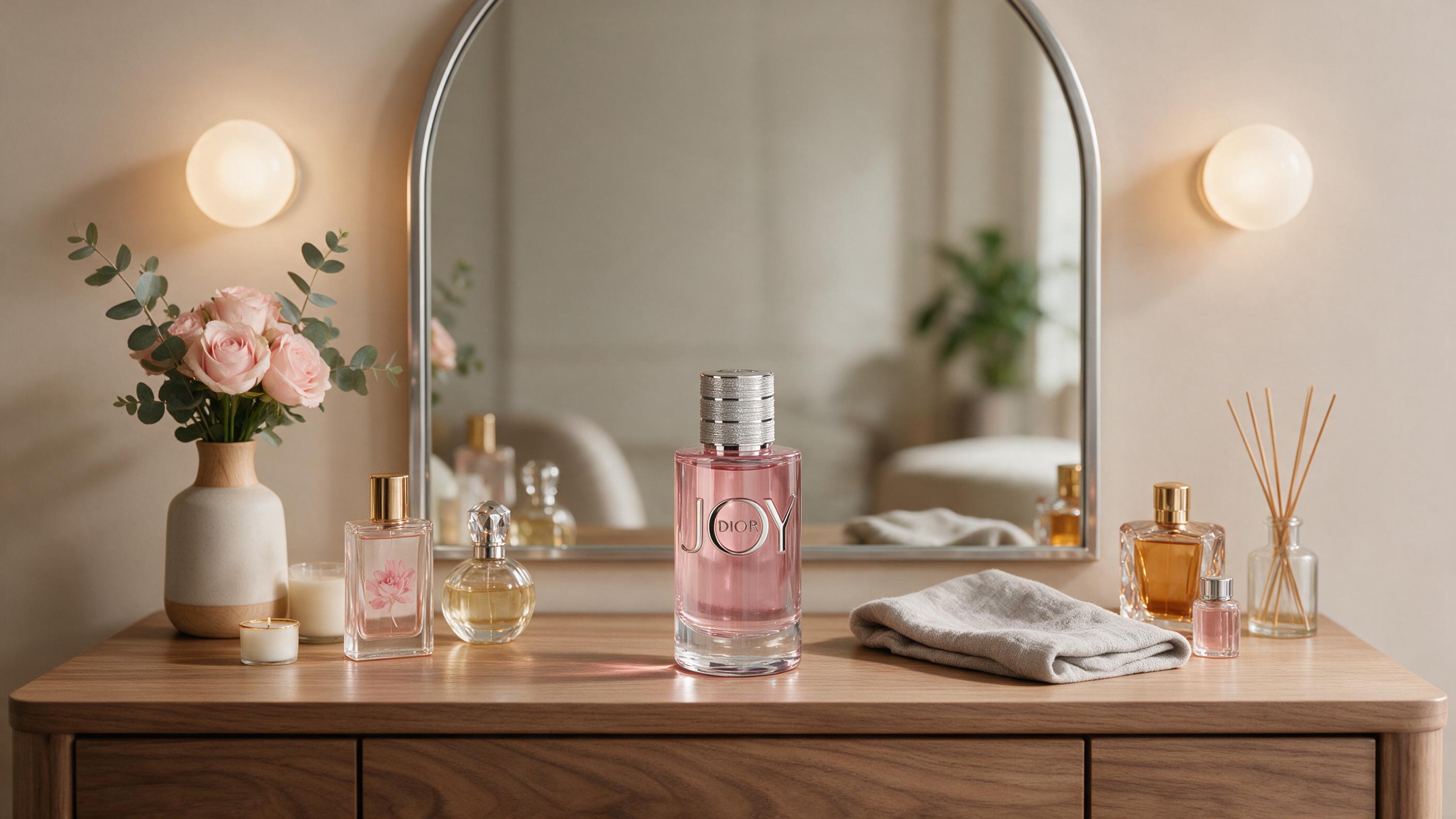 Modern minimalist dressing table with a curated collection of women's perfume bottles, warm boutique lighting, no text