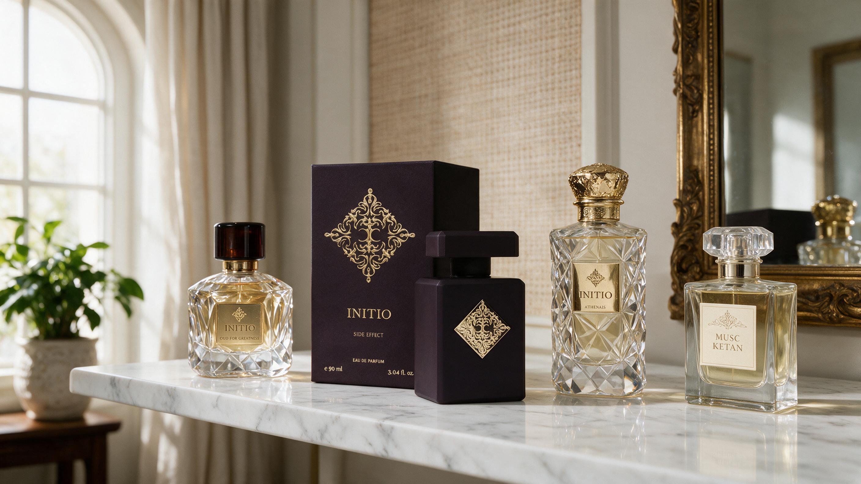 Assorted elegant perfume bottles of different sizes displayed on a marble shelf with soft natural light, editorial produ
