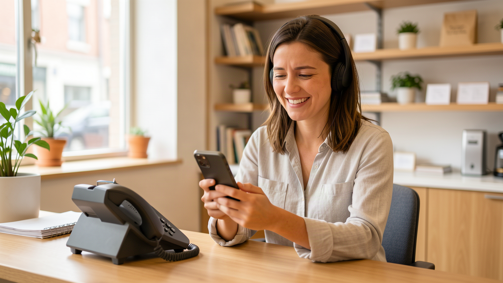 A relaxed small business owner at a modern desk holding a smartphone, a ringing office phone beside them, warm natural light through a window, conveying that customer calls are handled calmly and without stress