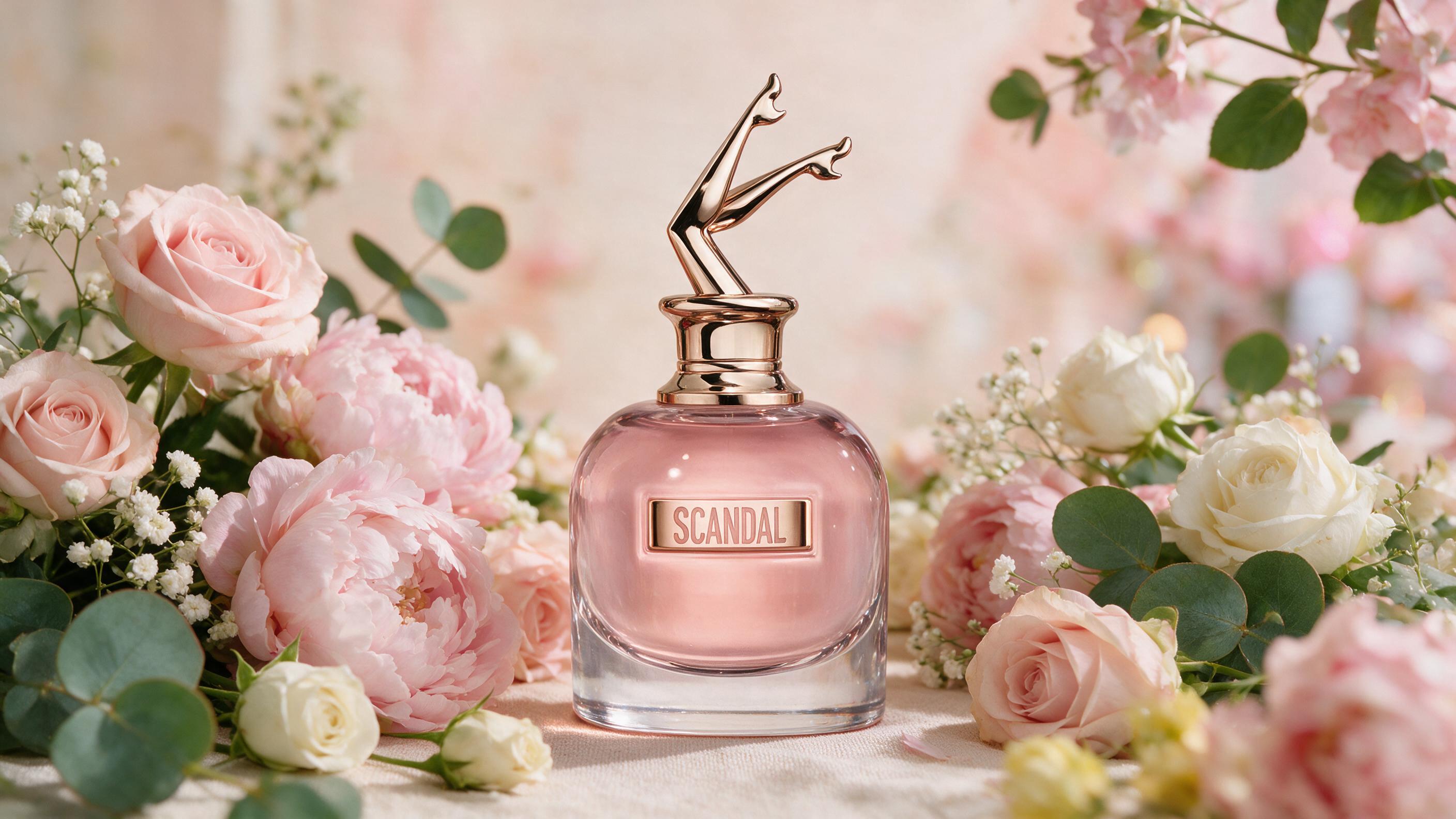 A feminine perfume bottle with soft pink and gold tones surrounded by fresh flowers on a light pastel background, elegan
