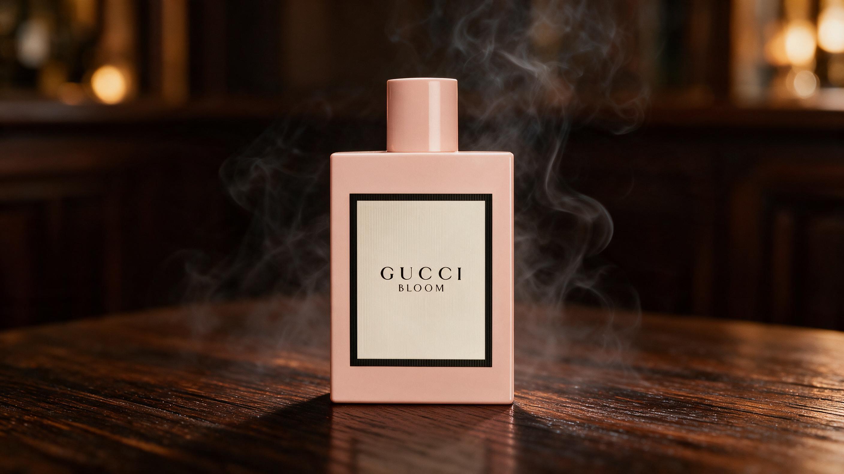 A masculine dark glass perfume bottle on a wooden surface with subtle smoke and warm amber lighting, minimalist product