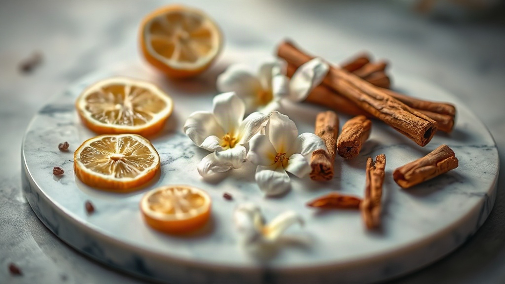 raw perfume ingredients arranged on a marble surface, bergamot slices, jasmine blossoms, cinnamon sticks, sandalwood pie