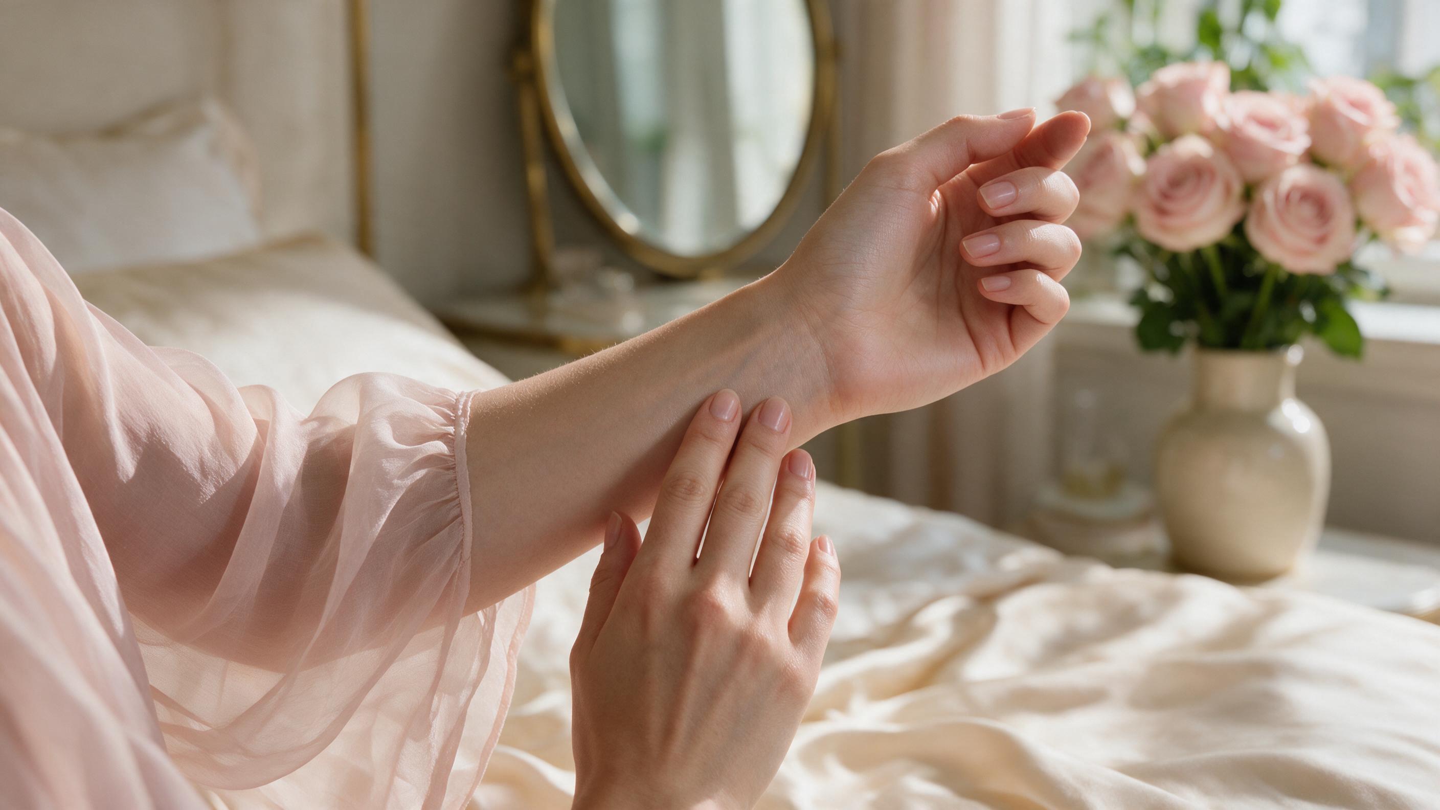 close-up of a wrist being scented, delicate hand gesture, soft natural light, sheer fabric sleeve, blurred elegant backg