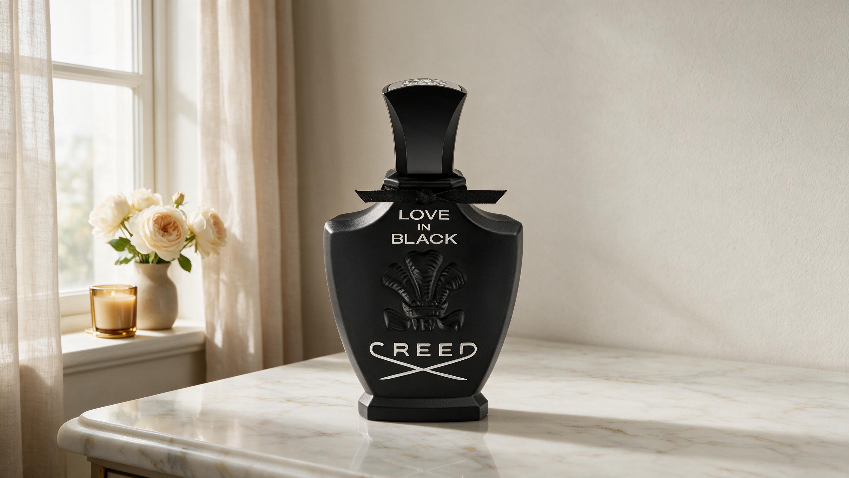 elegant perfume bottle on a marble vanity, soft window light, minimal styling, subtle shadow, neutral warm background, p