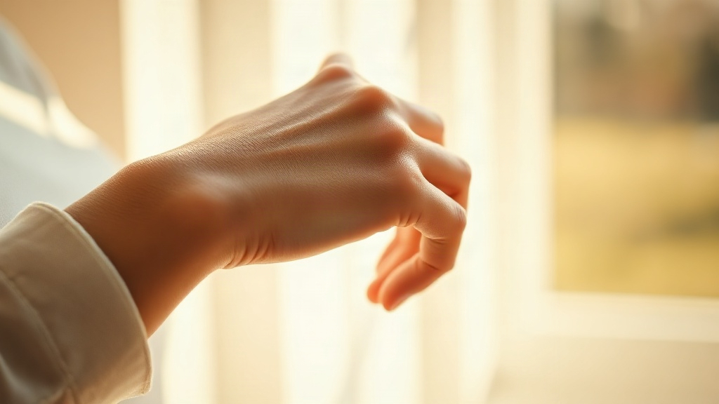 close-up photo of a woman's wrist and inner arm in warm natural sunlight, hand gently touching the pulse point, soft gol