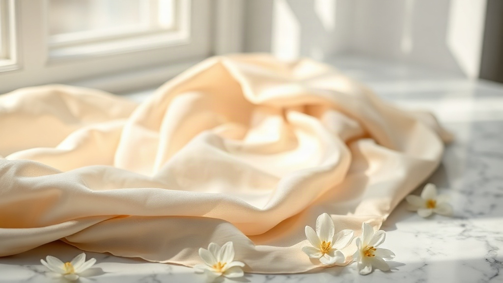 macro photograph of silk fabric draped over a marble surface, soft natural window light, delicate folds and texture, war
