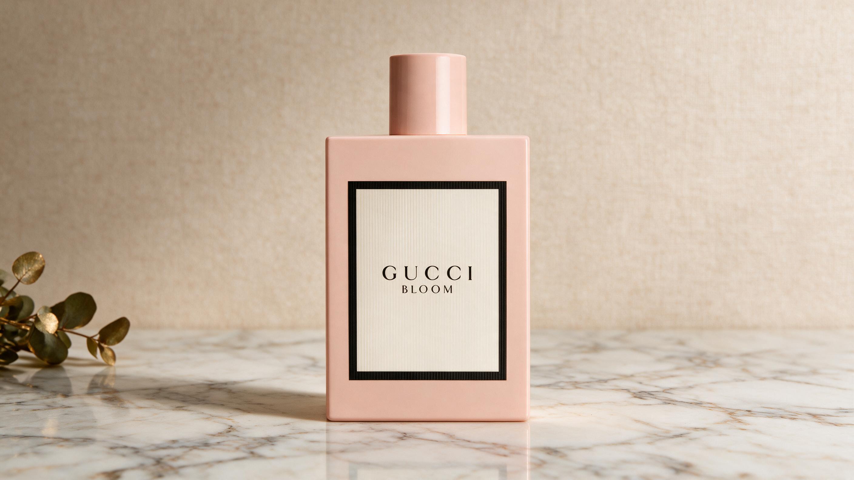 elegant perfume bottle on a marble surface, soft studio lighting, minimal composition, warm neutral tones, luxury produc