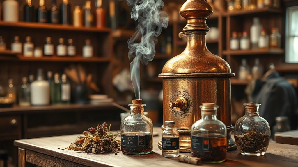 traditional copper alembic distillation still in a small perfume workshop, glass beakers and dried botanicals on a woode