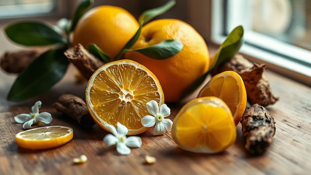 close-up macro photograph of fresh bergamot citrus fruits, blooming jasmine flowers, and pieces of oud wood arranged on 