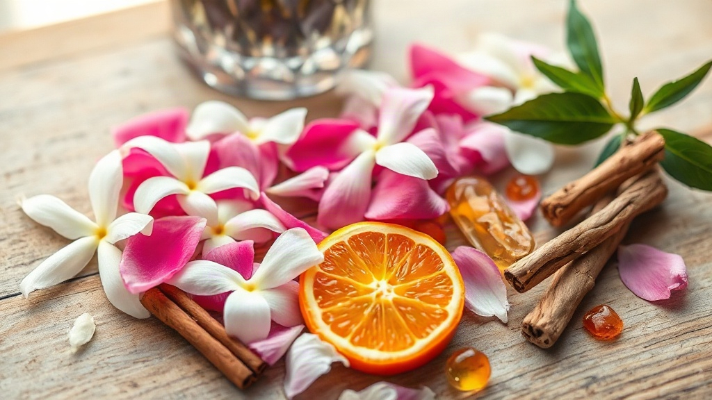 flat lay of fresh jasmine and rose petals, sliced bergamot and orange citrus fruits, cinnamon sticks, sandalwood pieces