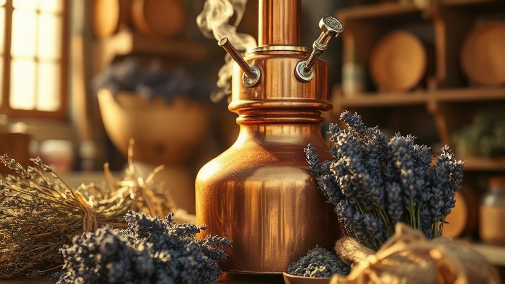 close-up of a copper alembic distillation still surrounded by bundles of lavender and dried botanicals in a rustic perfu