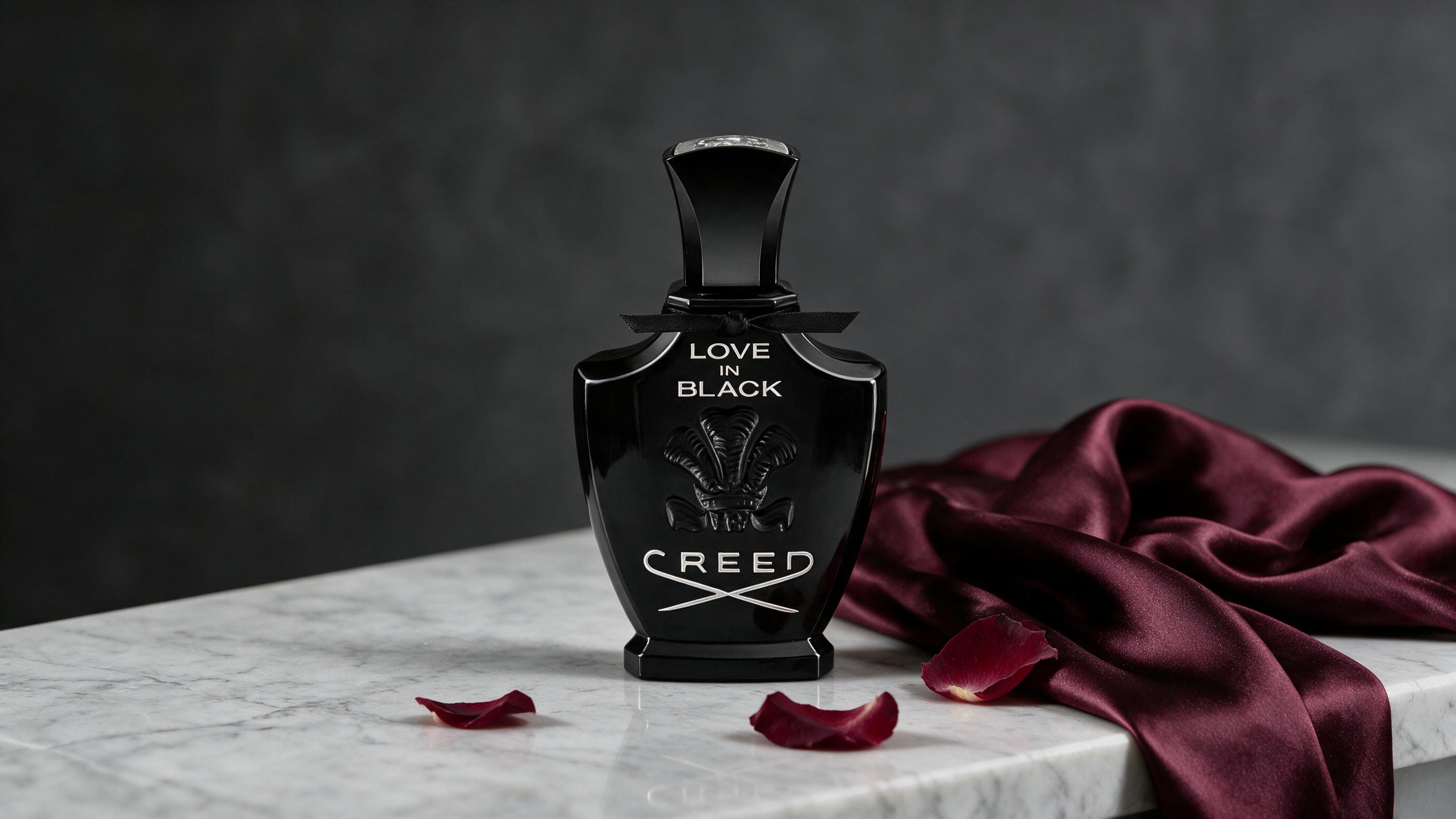 elegant faceted glass perfume bottle placed on a marble surface next to a silk scarf and a few rose petals, soft studio
