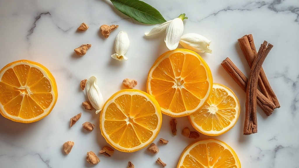 overhead flat-lay of perfume raw materials on a marble surface, fresh bergamot citrus halves, blooming white jasmine flo