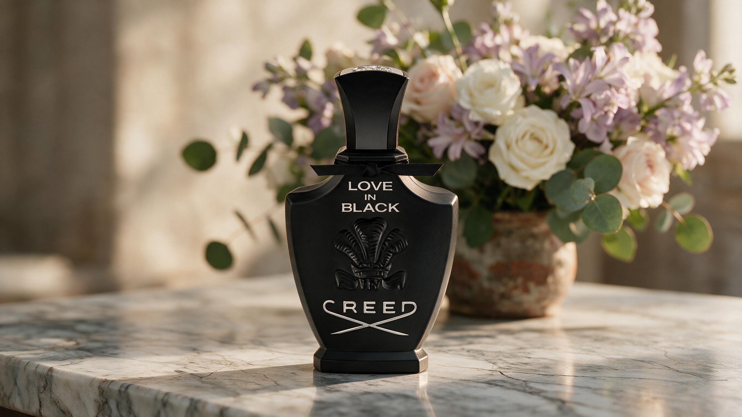 elegant perfume bottle standing on a marble surface with soft golden light, blurred fresh flowers in the background, min