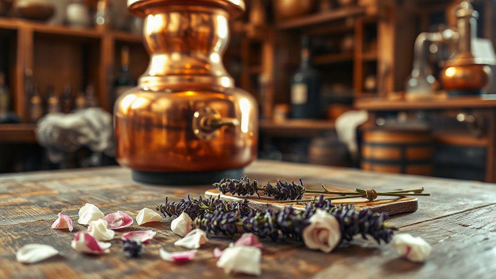 close-up of a traditional copper alembic still in a perfumery workshop, fresh lavender and rose petals scattered on a wo