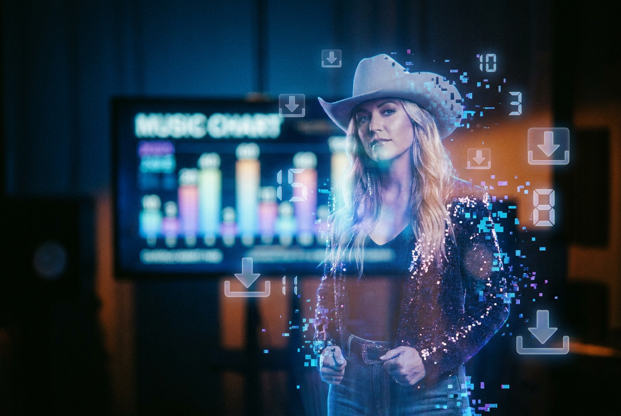 A translucent AI-generated country singer standing in front of an iTunes chart display, the singer's body partially pixelated and glitching, surrounded by floating download icons and chart position numbers, dark moody lighting with blue digital effects