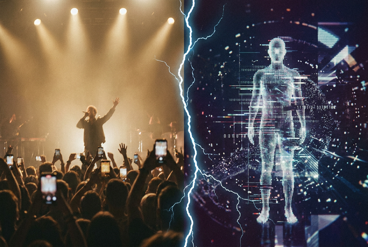 A split-screen showing a real concert stage on one side with warm golden lighting and a crowd holding up phones, and a glitching digital void on the other side with a pixelated figure dissolving into data streams and code, the boundary between the two halves crackling with energy