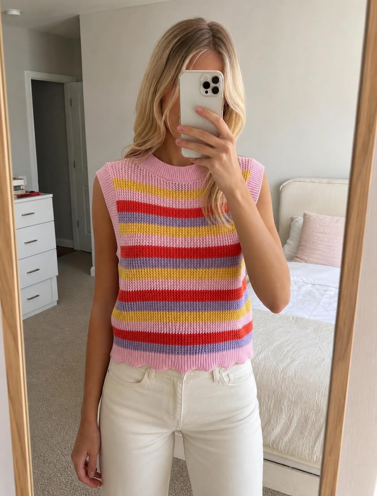 Pastel Pink Striped Knitted Vest Top