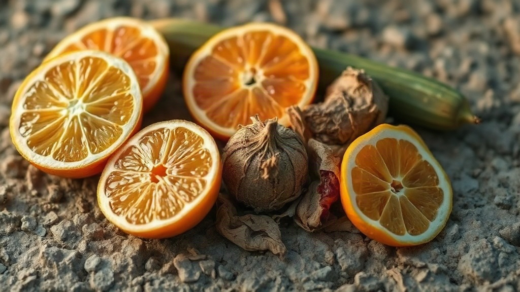 close-up macro photograph of raw perfume ingredients arranged on a rough stone surface, fresh bergamot and grapefruit ha