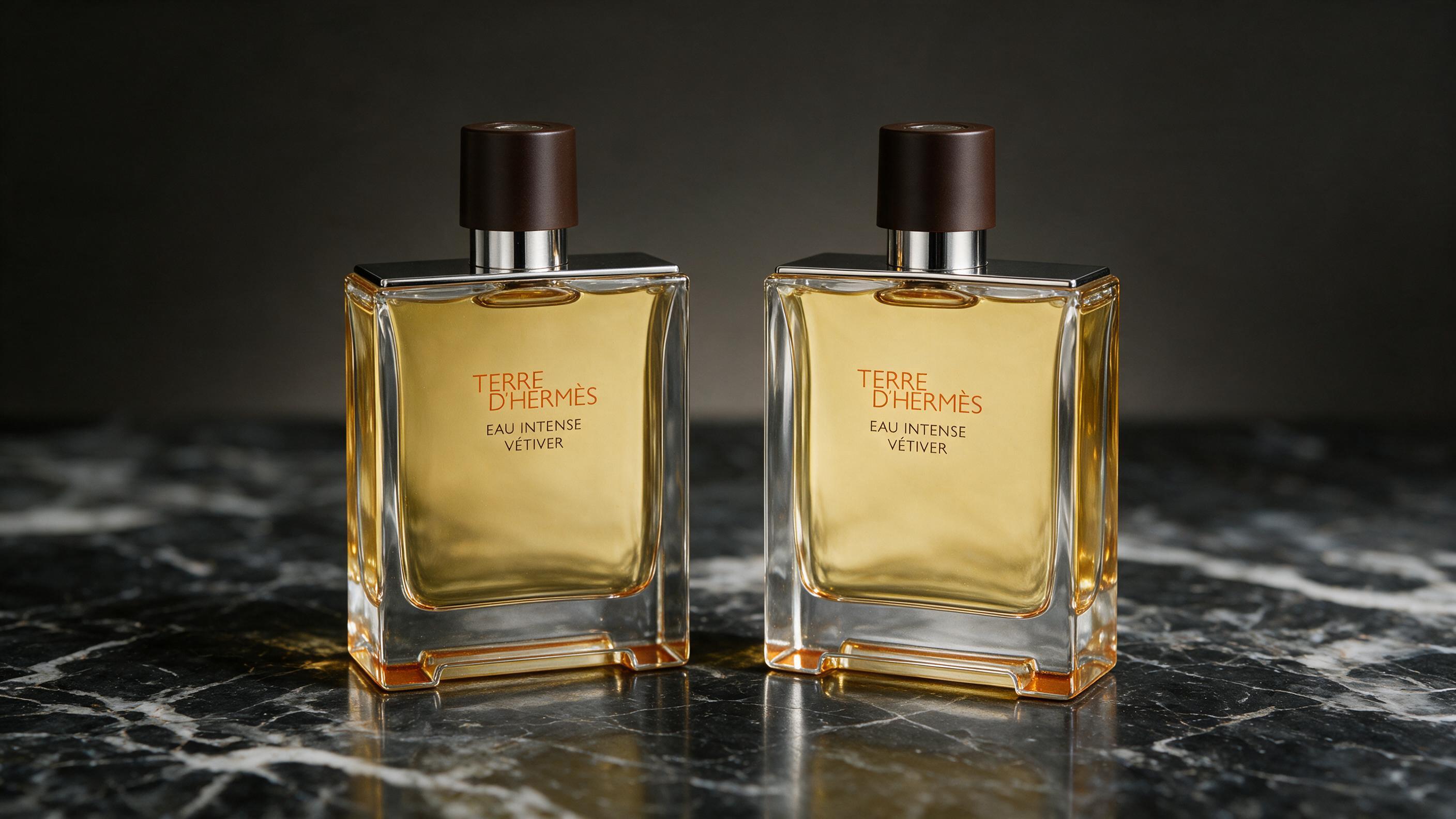 two elegant men's cologne bottles side by side on a dark marble surface, transparent glass with amber-tinted liquid, min
