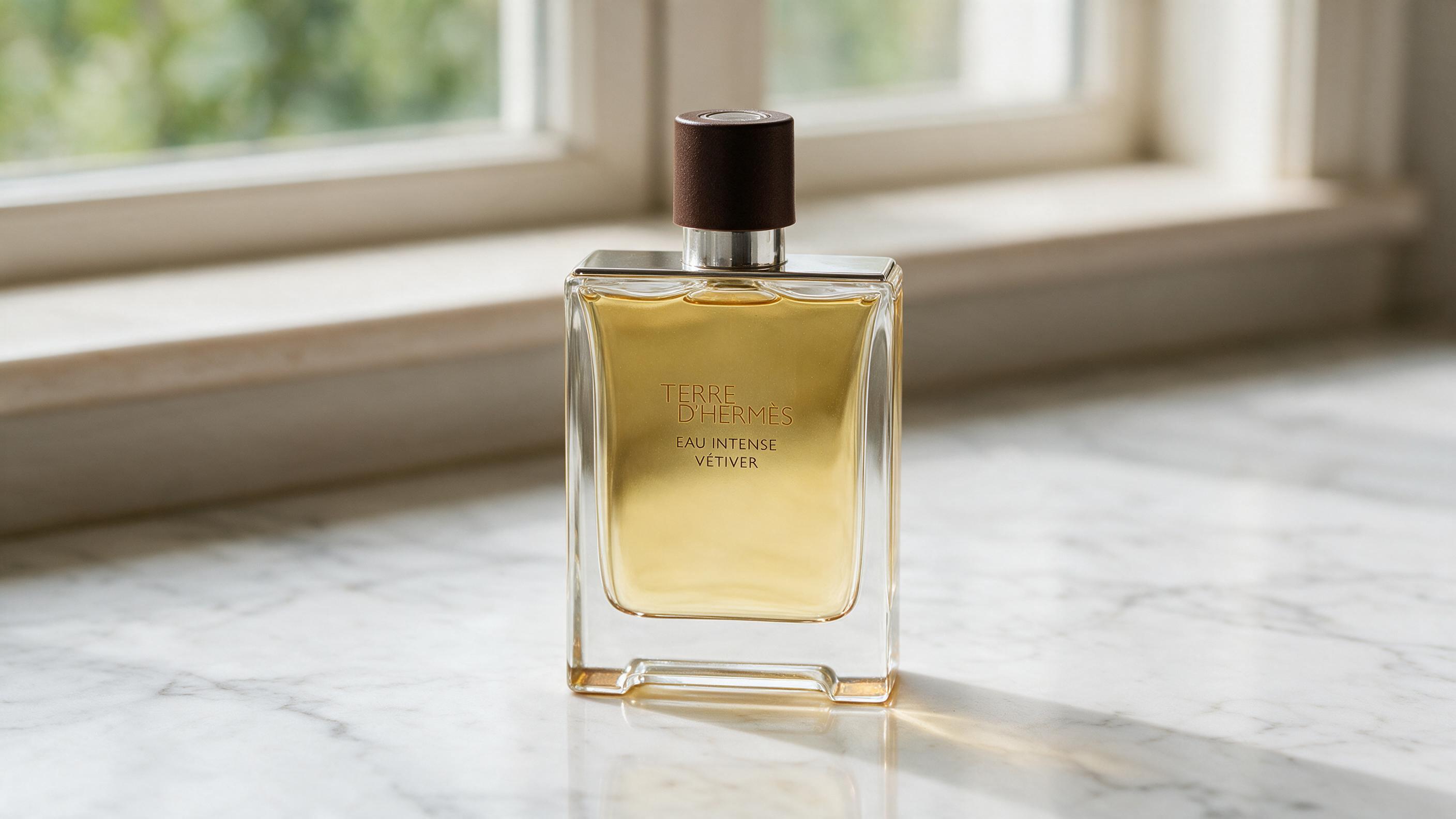 single elegant men's perfume bottle standing on white marble surface, amber colored liquid, soft natural window light, m