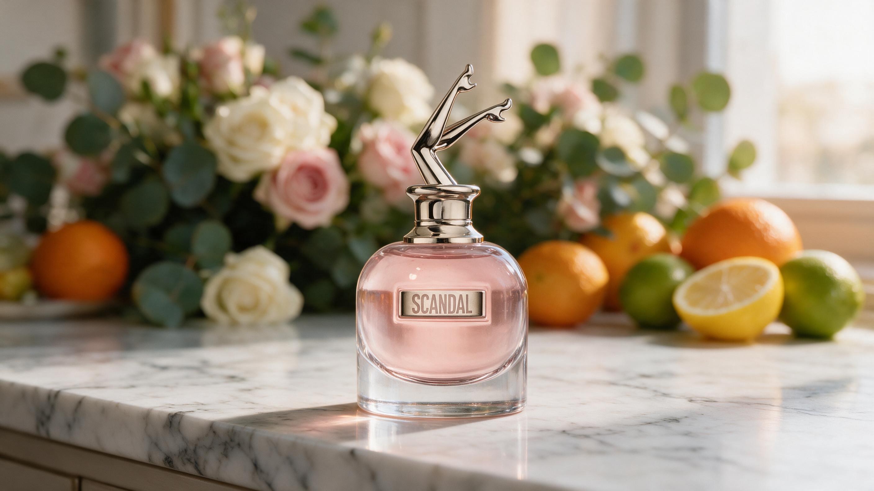 an elegant glass perfume bottle for women standing on a marble vanity surface, soft golden light, blurred fresh flowers