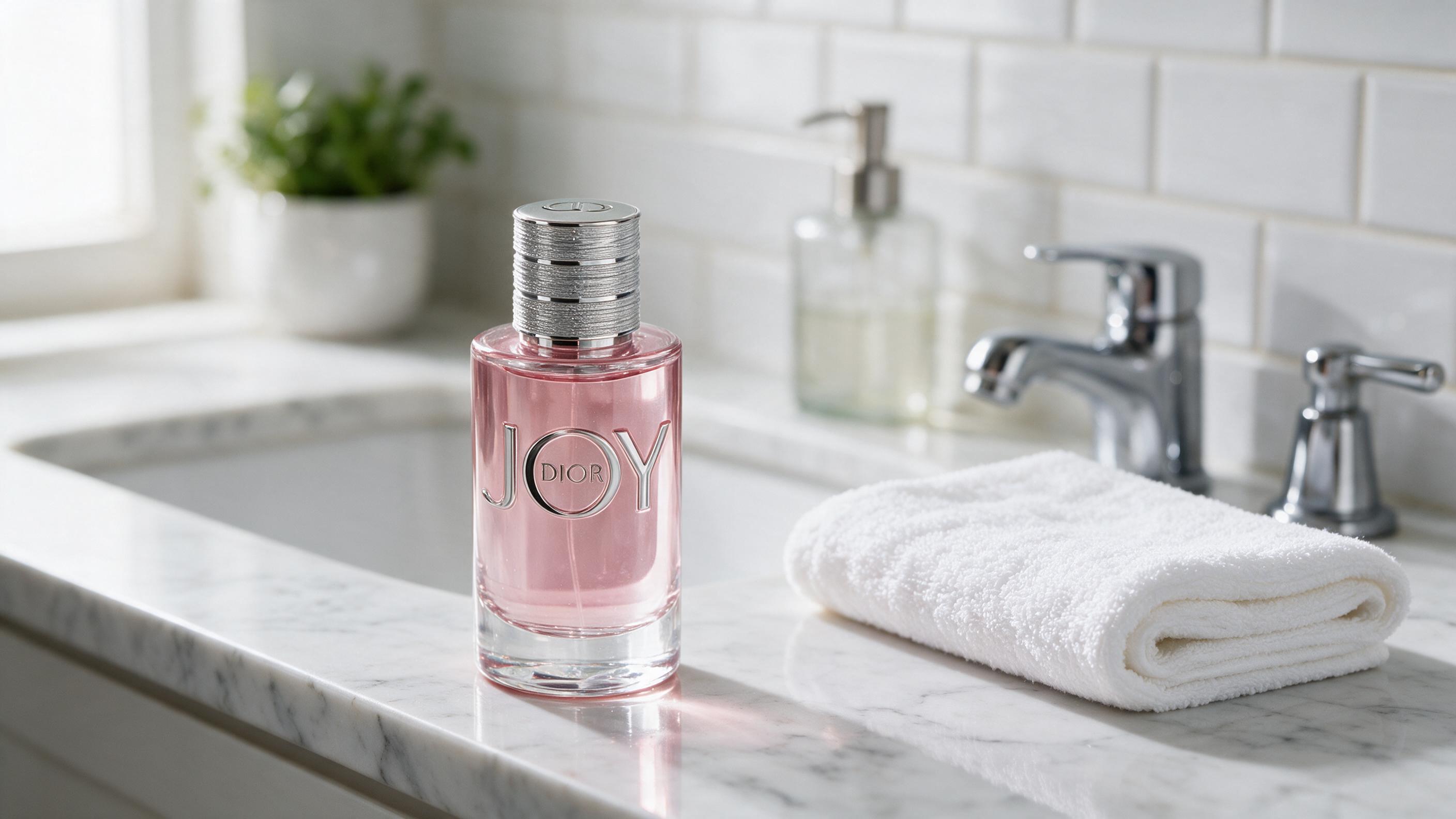 a set of elegant women's perfume bottles arranged on a bathroom vanity shelf next to a folded white towel, soft diffused
