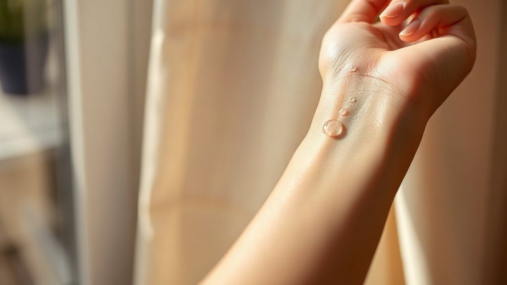close-up of a hand applying perfume to the wrist, soft natural window light, delicate water droplets on skin, minimal be