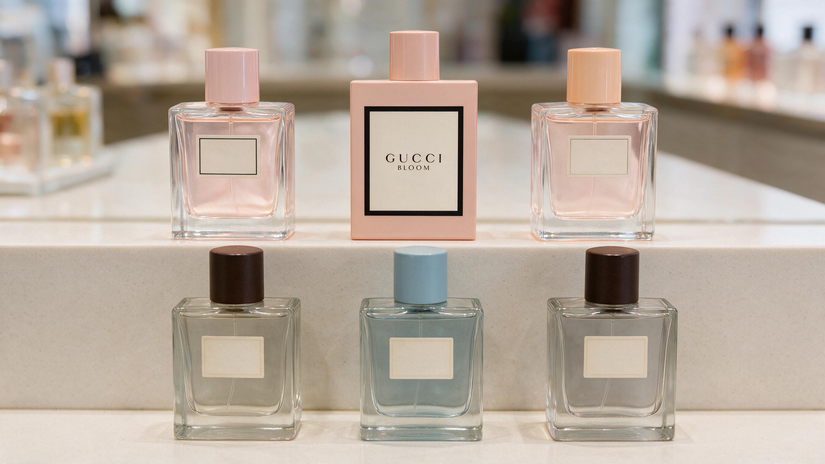 two rows of minimalist perfume tester bottles for women and men, clear glass bottles with simple labels, soft pastel and