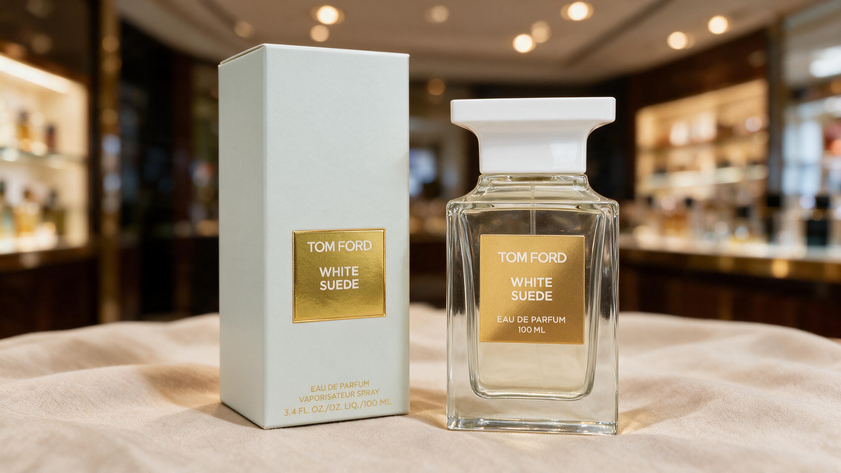 Elegant photograph of a Tom Ford White Patchouli perfume bottle placed next to its outer packaging box on a soft neutral