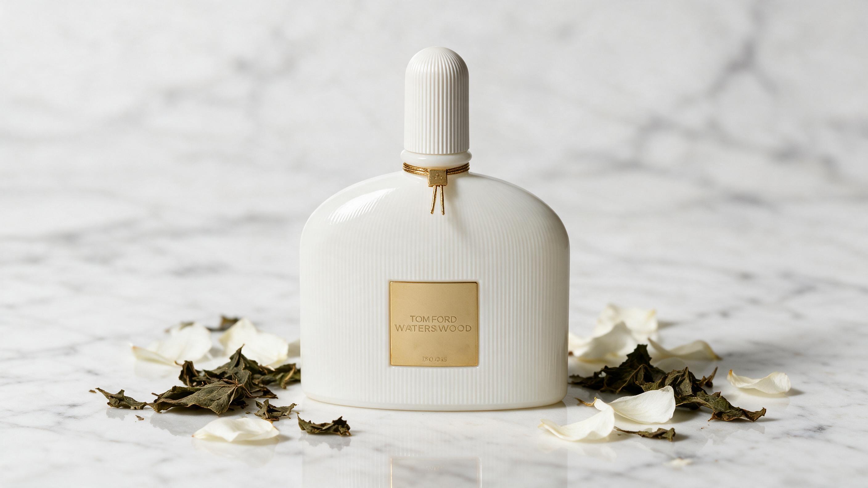 Elegant photograph of a Tom Ford White Patchouli perfume bottle standing upright on a polished white marble surface, sof