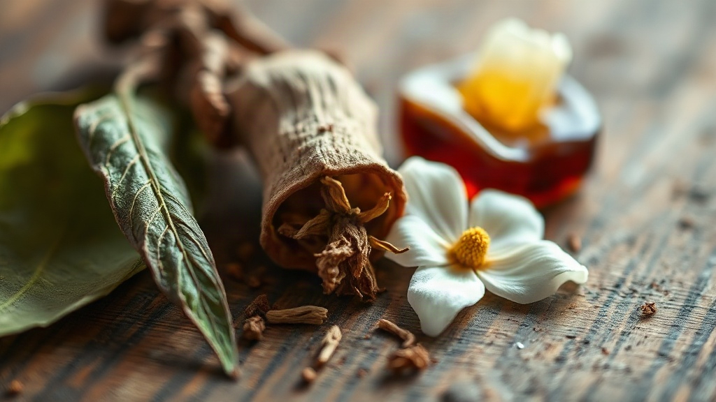 Close-up macro photograph of patchouli leaves, dried patchouli root, white jasmine petals, and a piece of amber resin ar