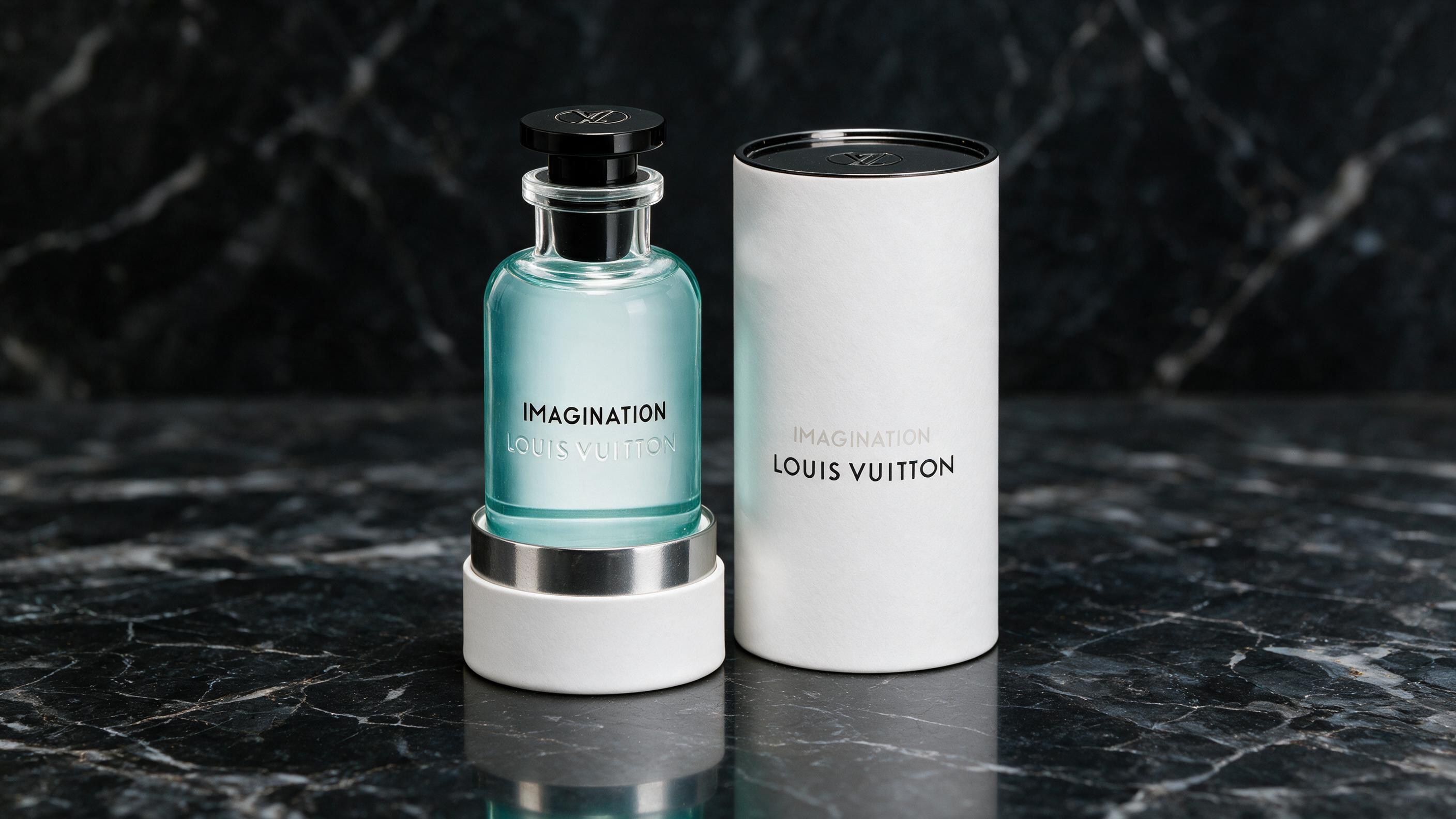 elegant Louis Vuitton Imagination perfume bottle standing on a dark reflective marble surface, soft studio lighting, min