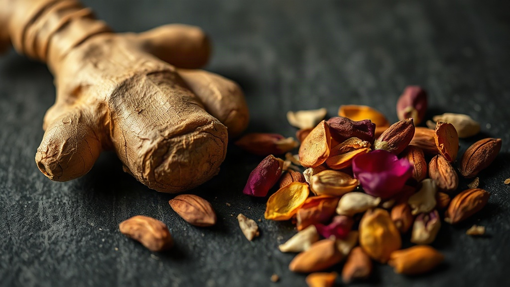 close-up macro photography of fresh ginger root, cardamom pods, rose petals and sandalwood chips arranged together on a 