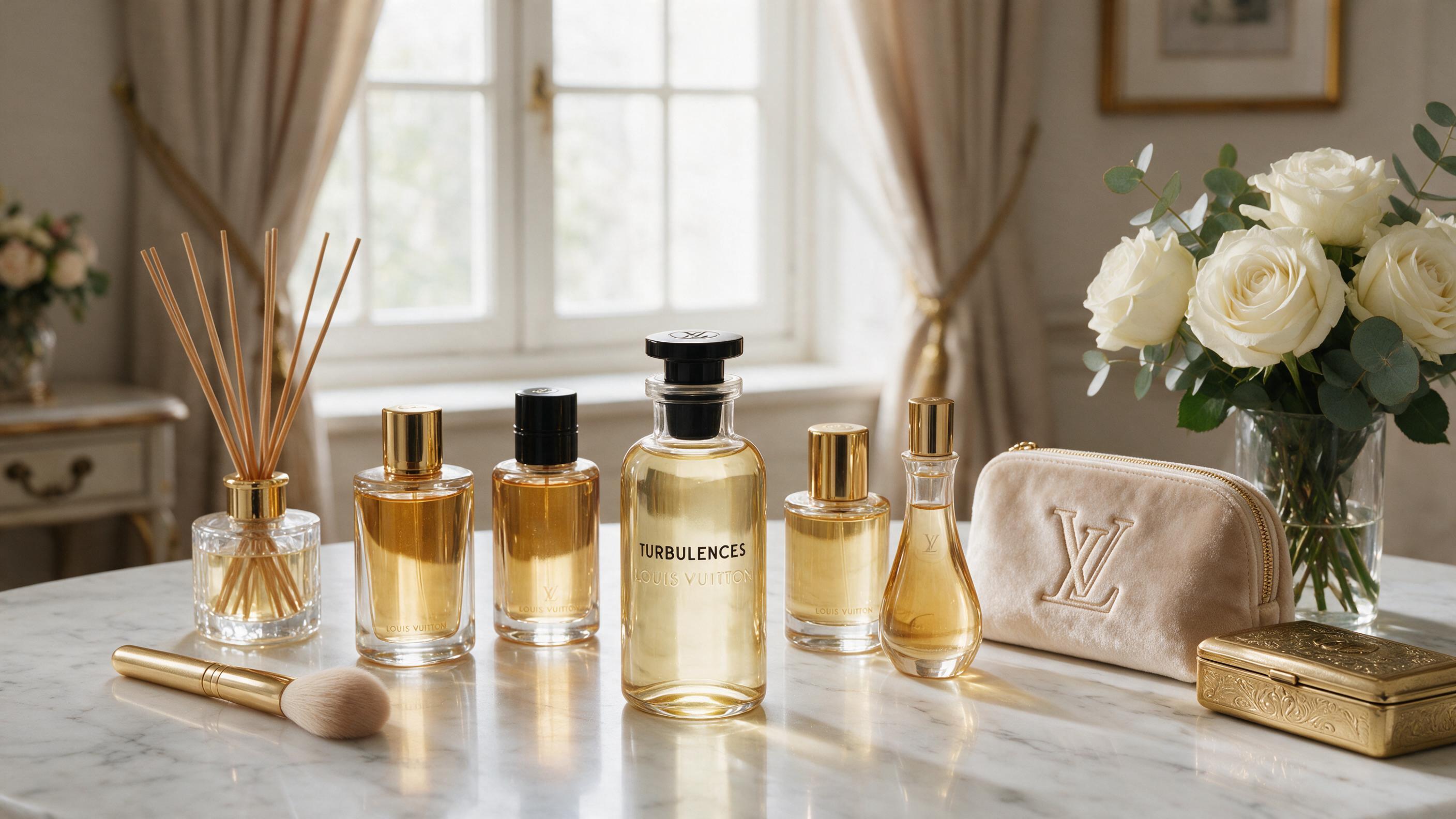 elegant group of Louis Vuitton perfume bottles arranged on a marble vanity table, soft natural window light, luxury cosm