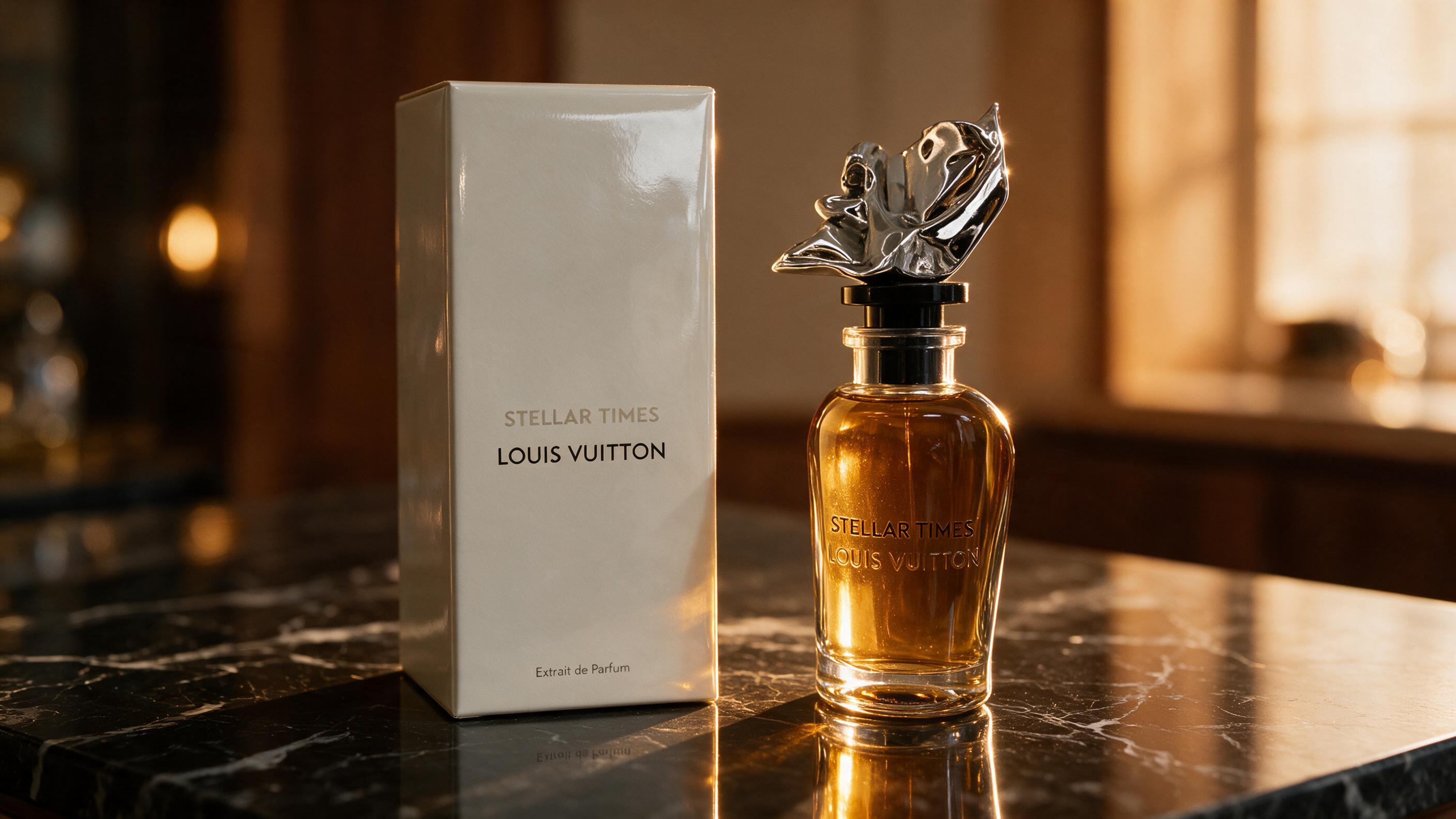 elegant amber-colored perfume bottle with a sleek dark cap, standing on a dark reflective marble surface, warm golden ba