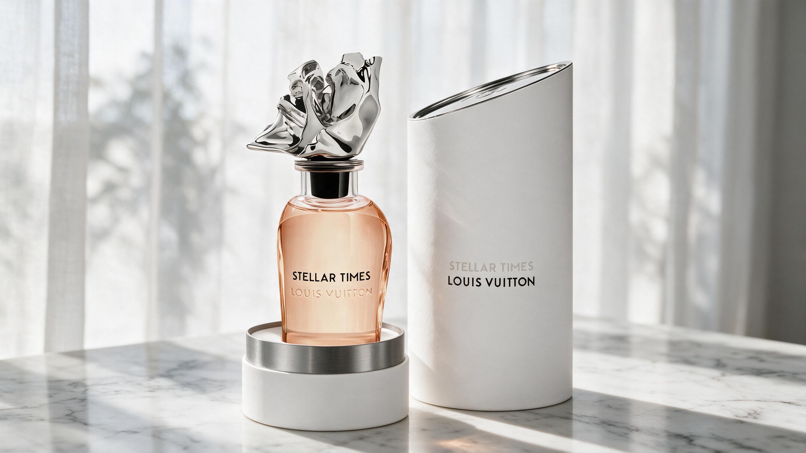 perfume bottle placed beside its elegant packaging box on a clean marble countertop, soft natural daylight, minimalist c