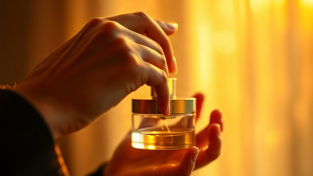 close-up of a wrist and hand gently applying perfume, soft golden hour lighting, elegant gesture, blurred warm backgroun