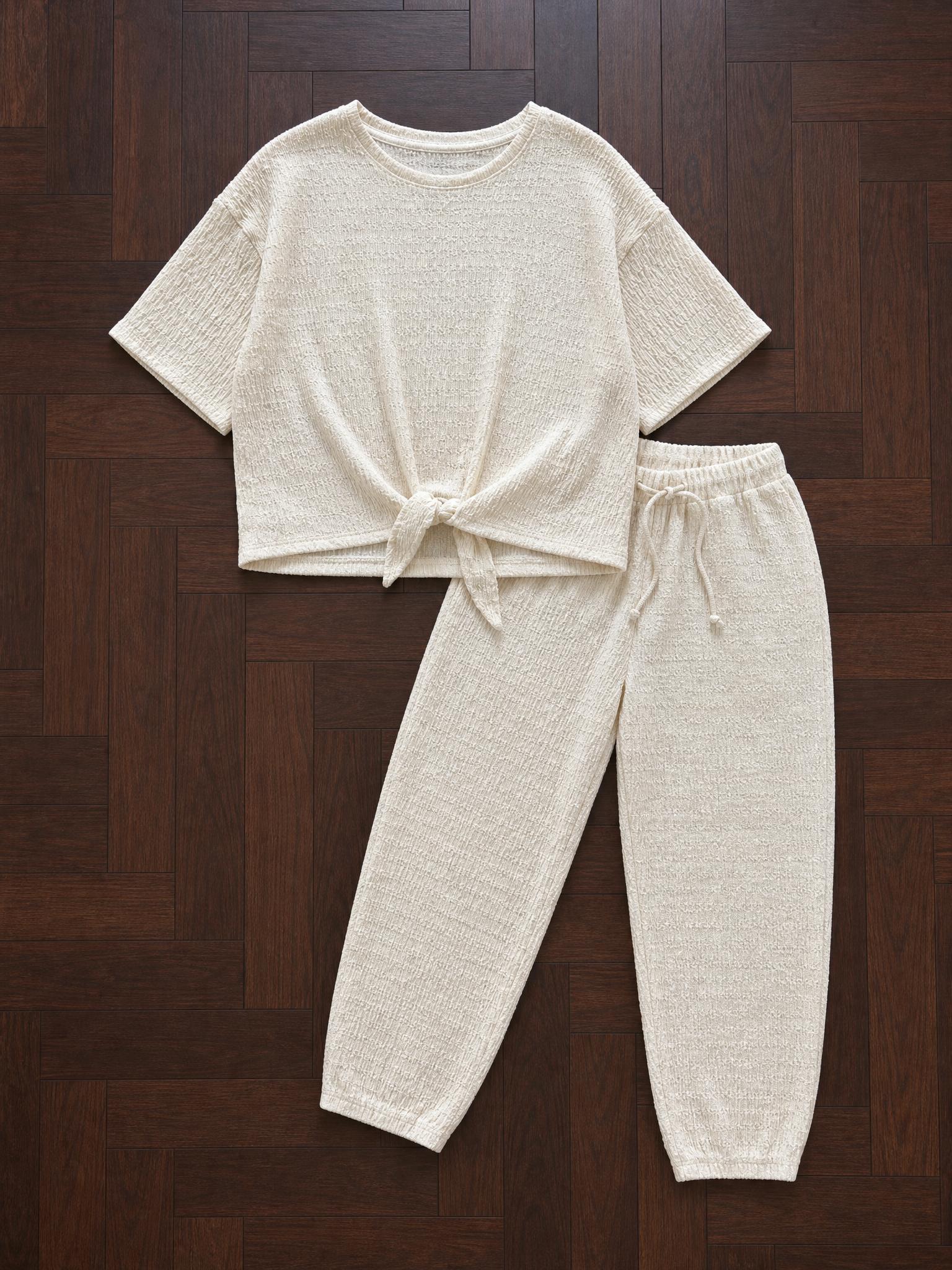 Cream Textured Tie-Front Co-ord Set with Wide-Leg Trousers