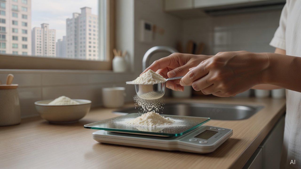 measuring scoop leveling powdered formula on a kitchen scale