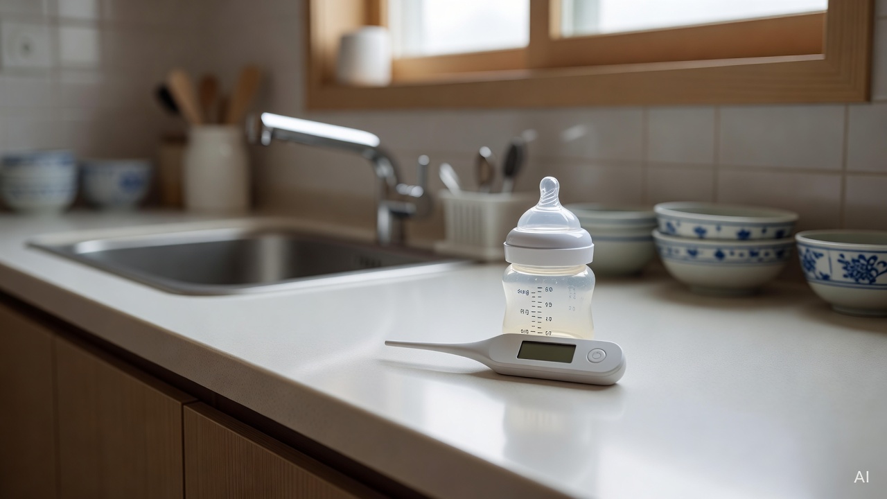 baby bottle next to a digital thermometer on a kitchen counter